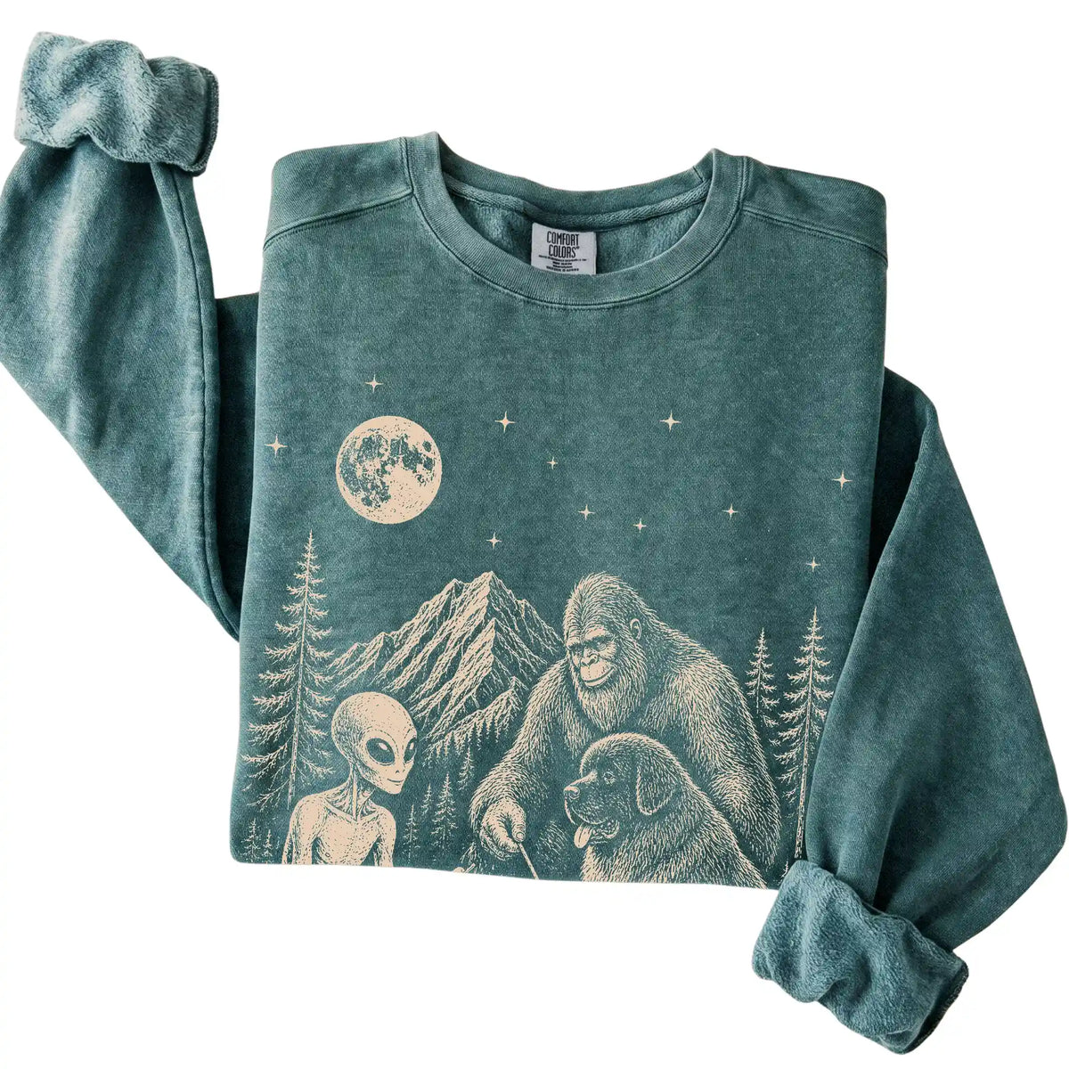 Blue Spruce Newfie Camping with Bigfoot and Alien folded detail view