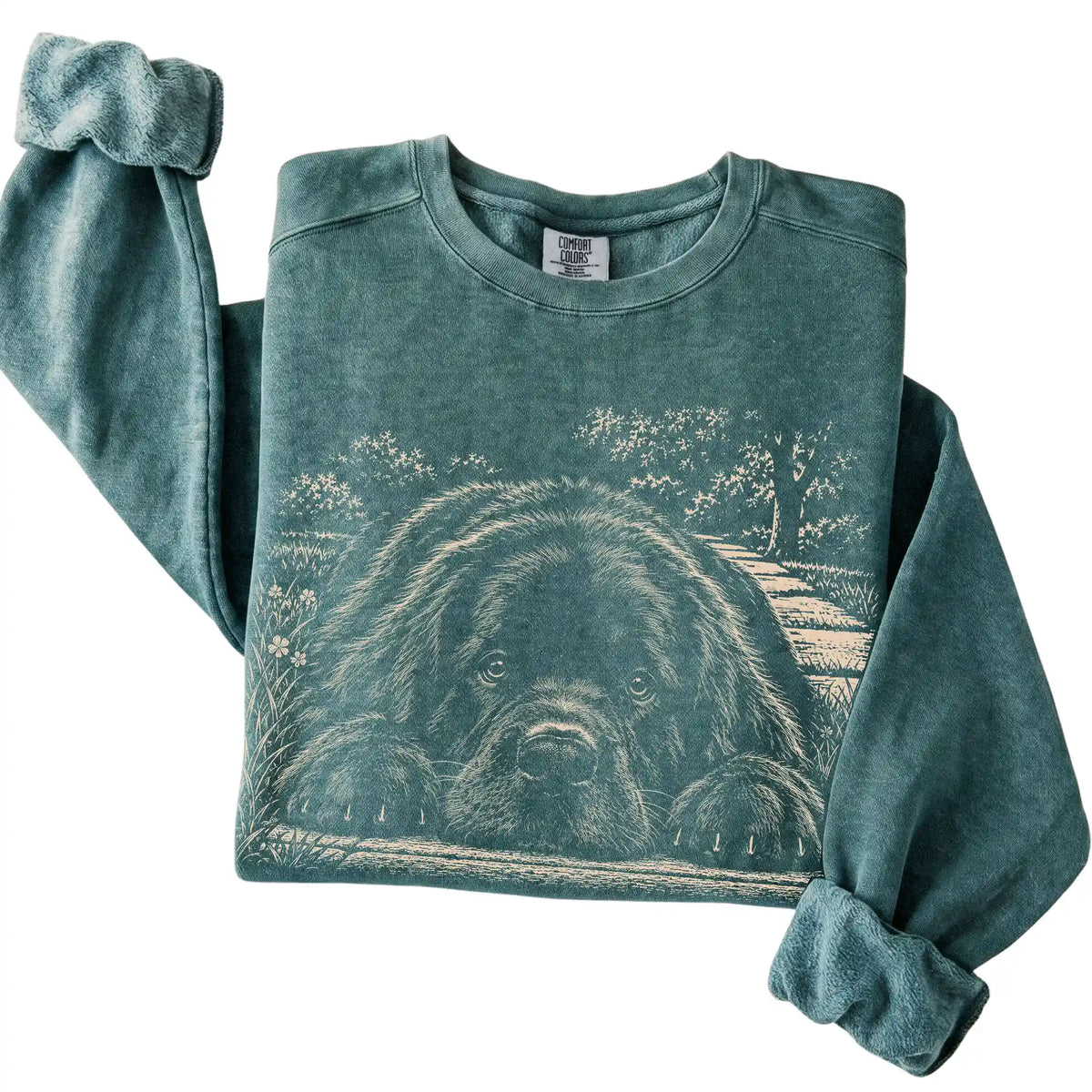Newfie Karma Comfort Colors sweatshirt in Blue Spruce — Folded Detail