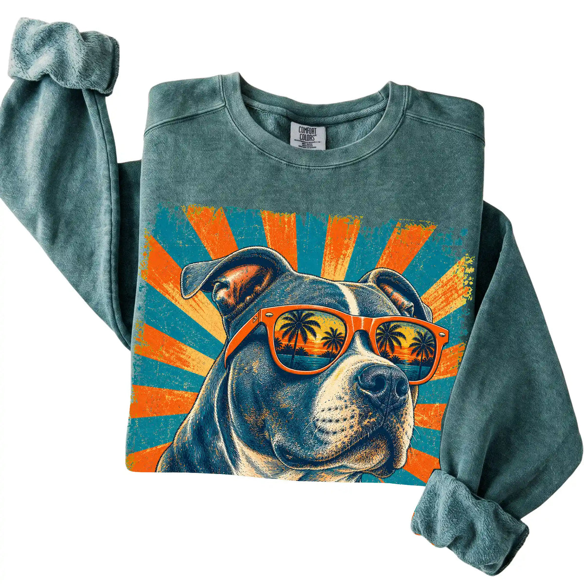 Folded Blue Spruce Comfort Colors sweatshirt with a Retro Pitbull Dad design