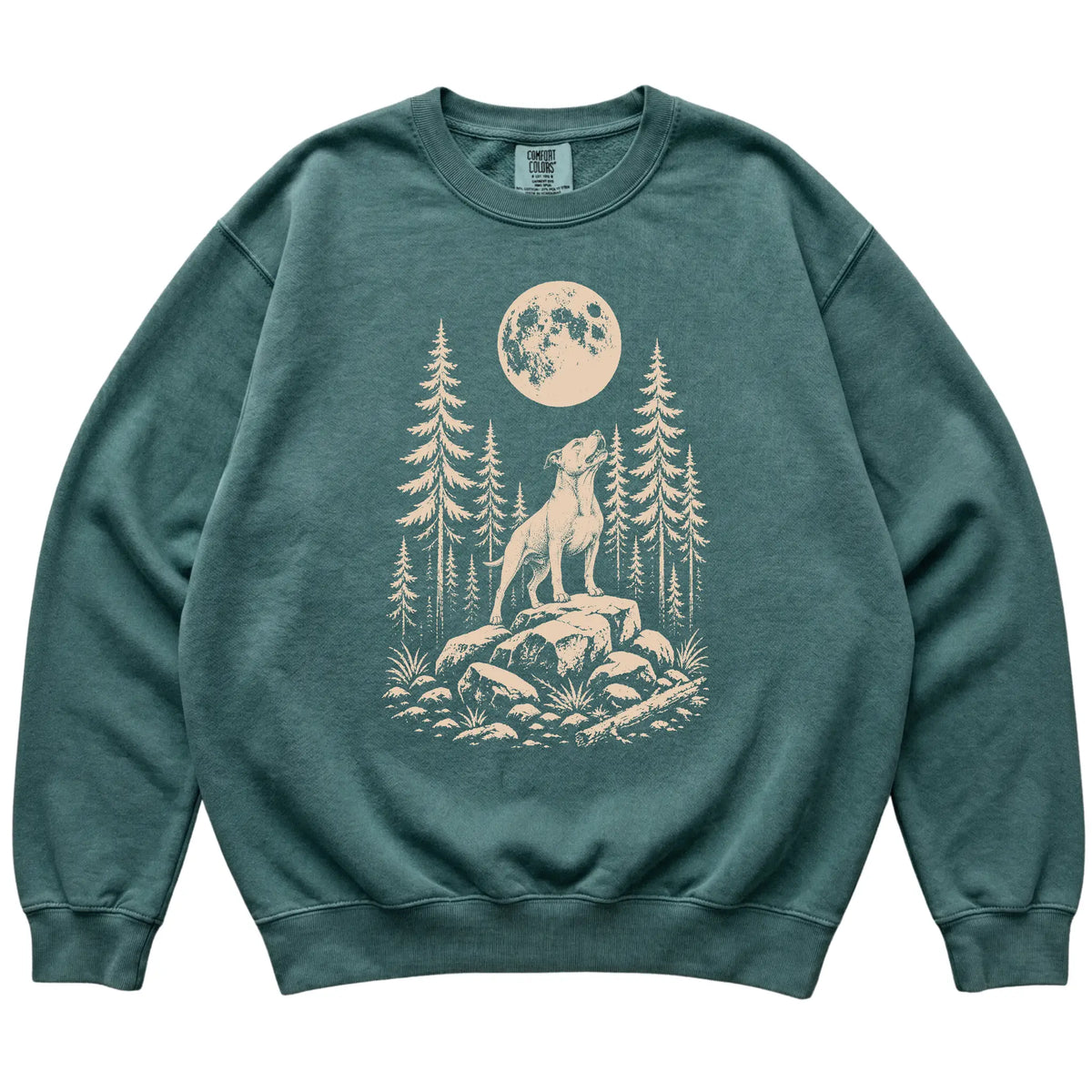 Close view of Pitbull Howling at the Moon artwork on Blue Spruce Comfort Colors sweatshirt