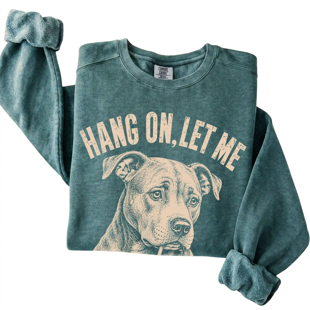 Blue Spruce Comfort Colors sweatshirt featuring Pitbull Iced Coffee Overthink, folded presentation