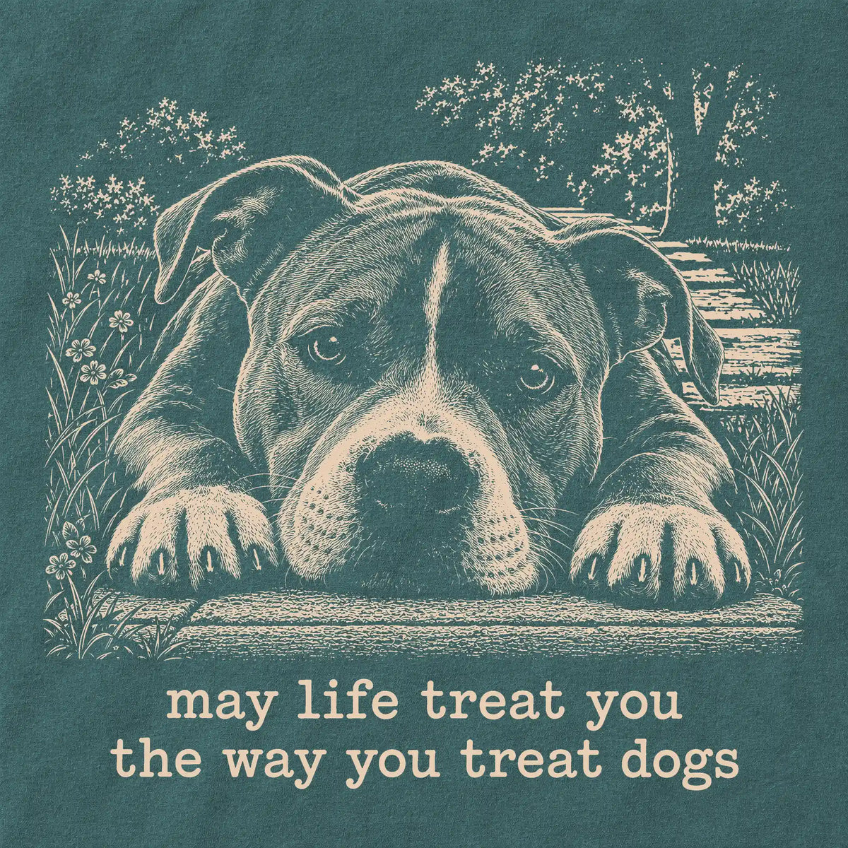 Pitbull Karma Comfort Colors sweatshirt in Blue Spruce — Design Detail