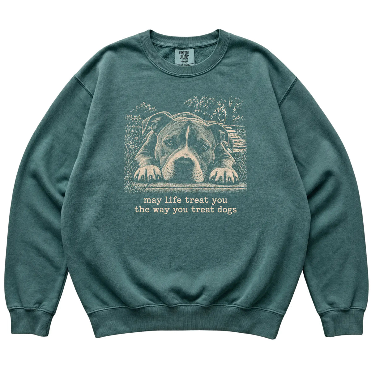 Pitbull Karma Comfort Colors sweatshirt in Blue Spruce — Flat Lay