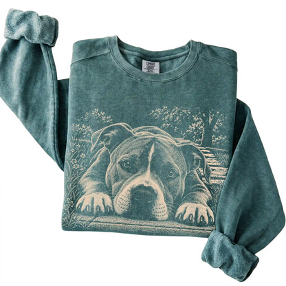 Pitbull Karma Comfort Colors sweatshirt in Blue Spruce — Folded Detail