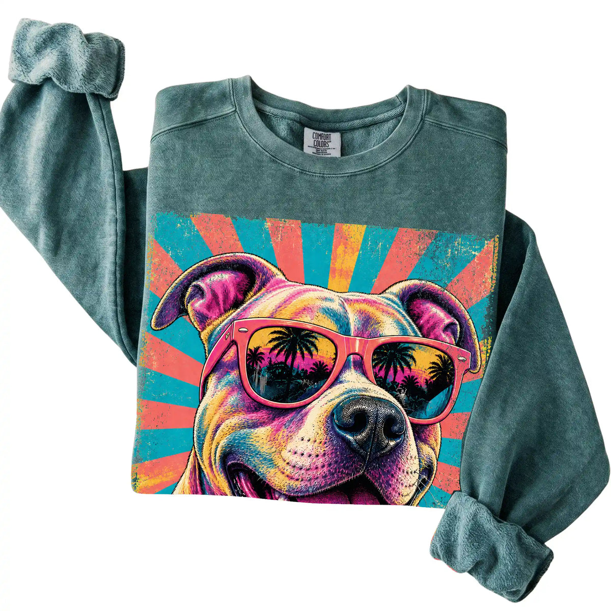 Folded Blue Spruce Comfort Colors sweatshirt with a Retro Pitbull Mama design