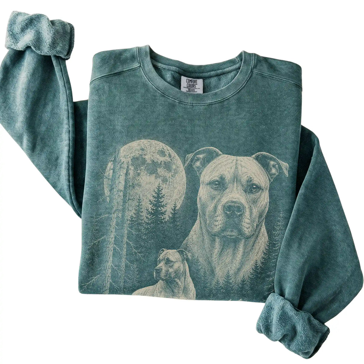 Blue Spruce Pitbull Moonlit Forest Comfort Colors sweatshirt, folded view