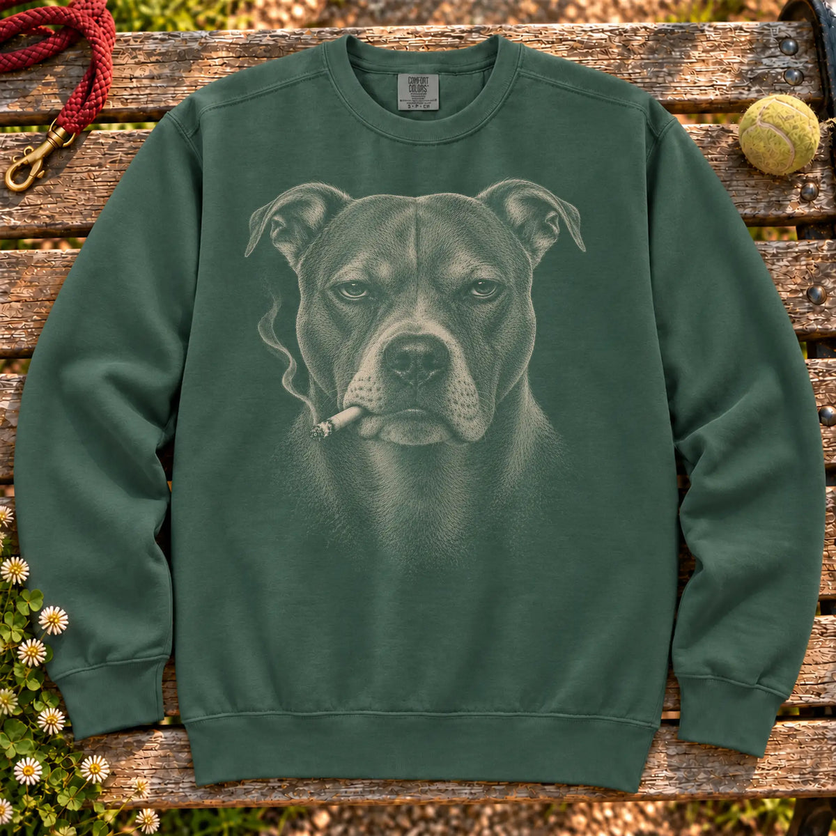 Pitbull smoking design on a Blue Spruce sweatshirt