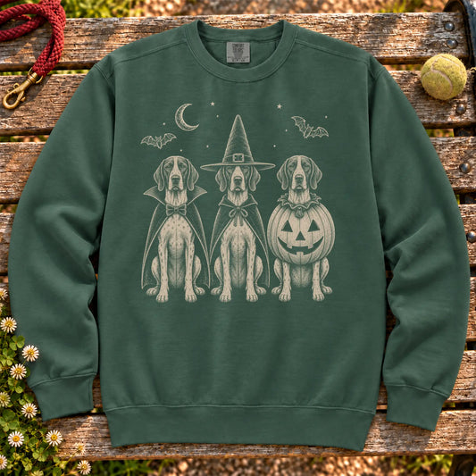 Pointer Halloween Costume on a Blue Spruce crewneck sweatshirt, shown flat