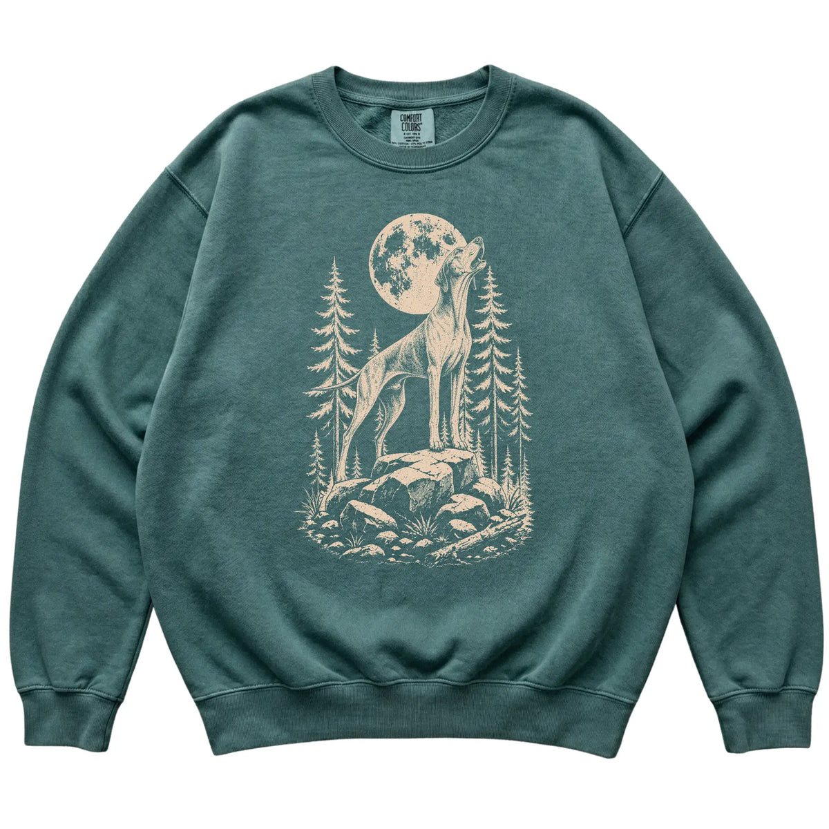 Close view of Pointer Howling at the Moon artwork on Blue Spruce Comfort Colors sweatshirt