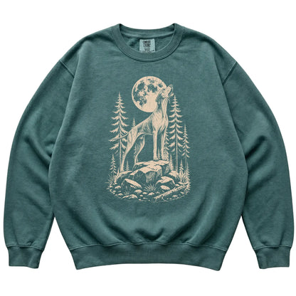 Close view of Pointer Howling at the Moon artwork on Blue Spruce Comfort Colors sweatshirt