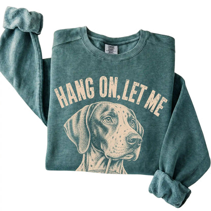 Blue Spruce Comfort Colors sweatshirt featuring Pointer Iced Coffee Overthink, folded presentation