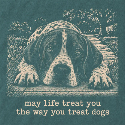 Pointer Karma Comfort Colors sweatshirt in Blue Spruce — Design Detail