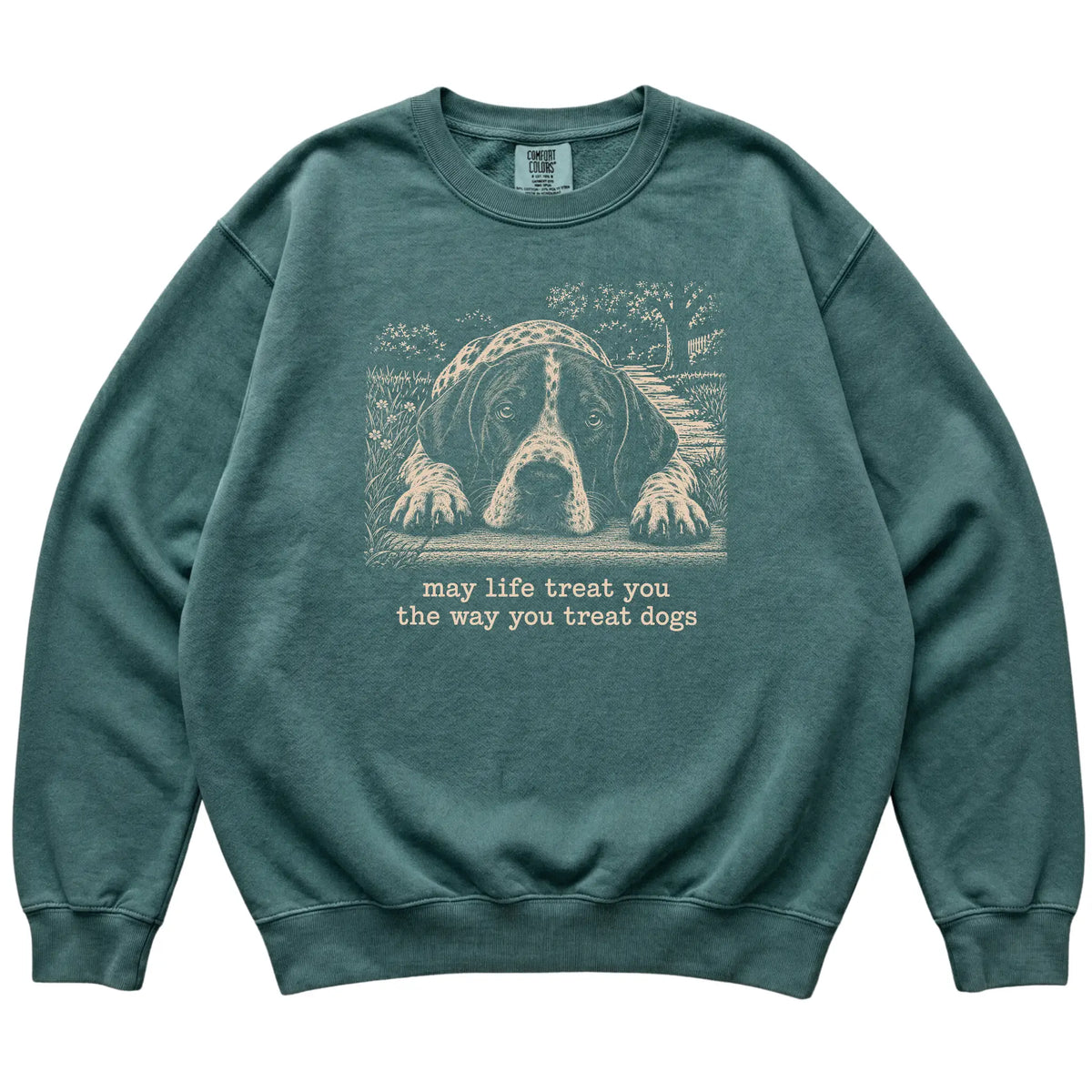 Pointer Karma Comfort Colors sweatshirt in Blue Spruce — Flat Lay