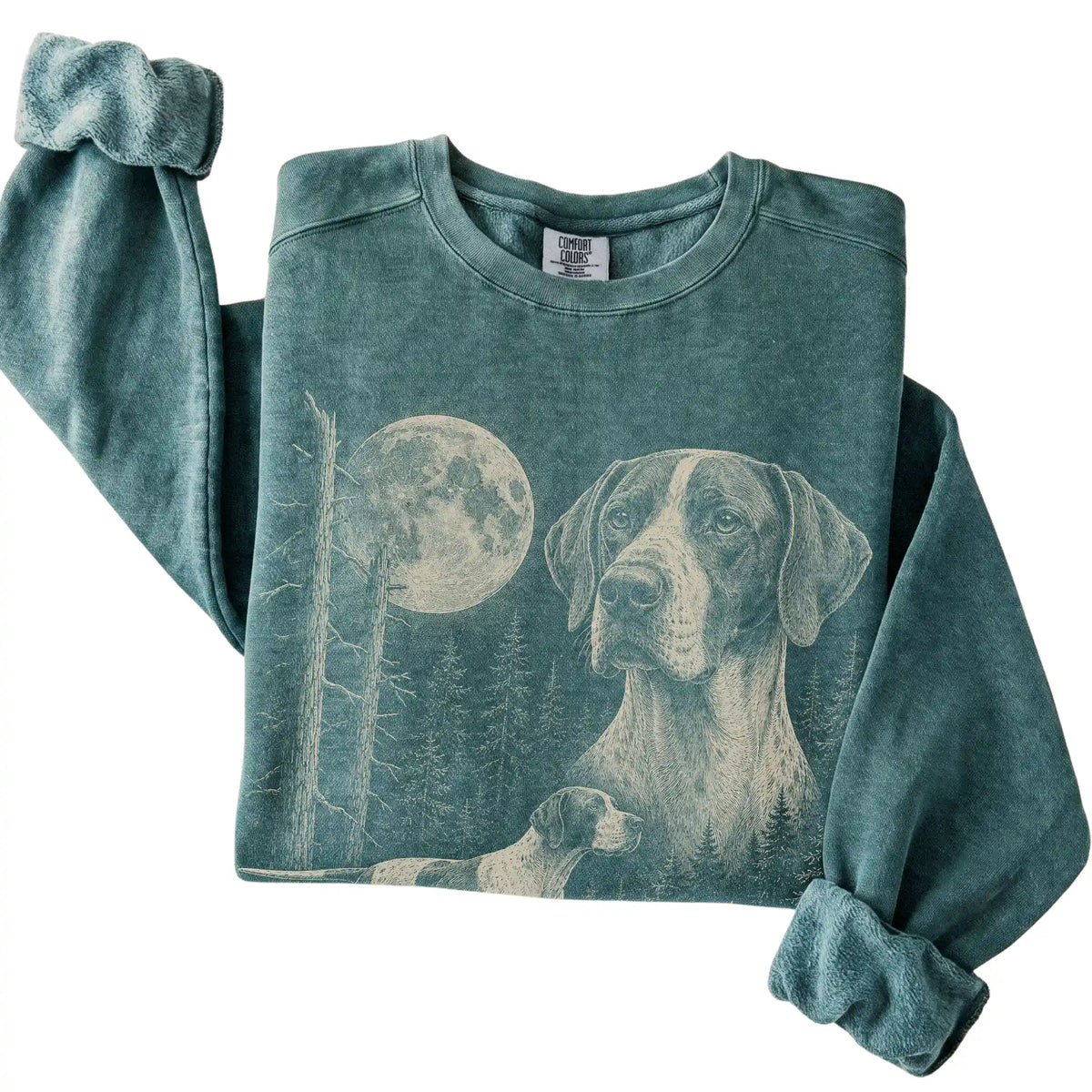 Blue Spruce Pointer Moonlit Forest Comfort Colors sweatshirt, folded view