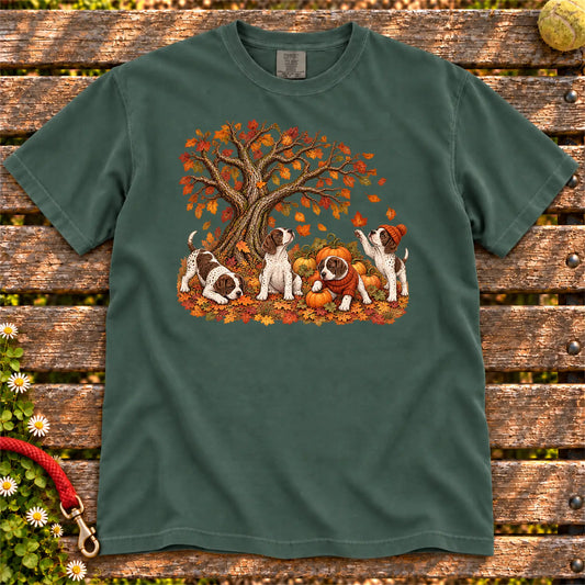 Four Pointer puppies with pumpkins beneath an autumn tree on a Blue Spruce garment-dyed T-shirt