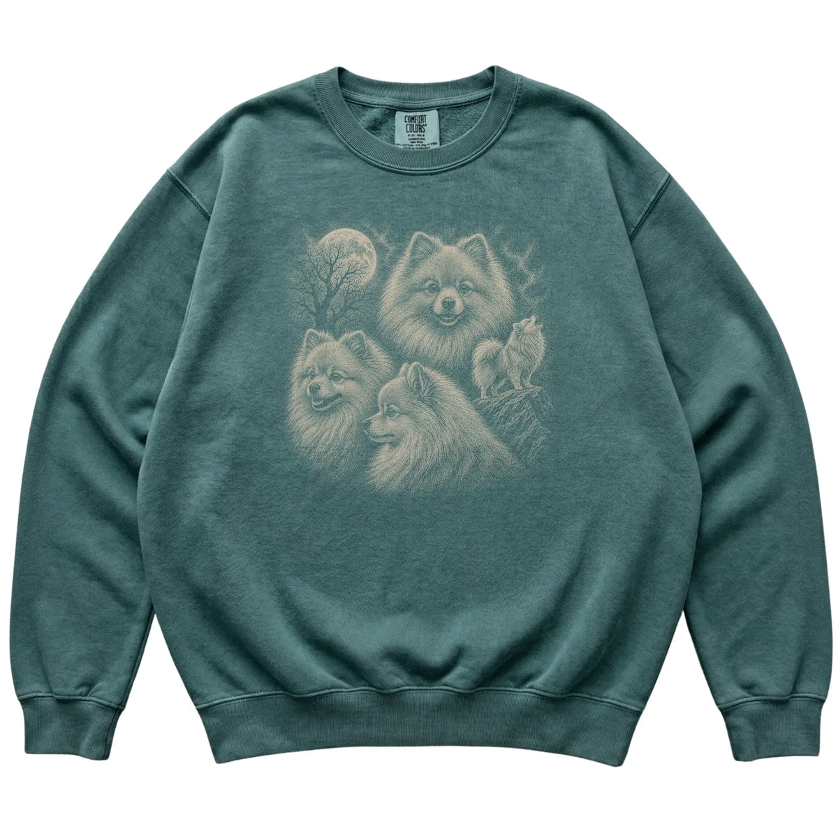 Pomeranian 90s Moon Sweatshirt in Blue Spruce — flat lay