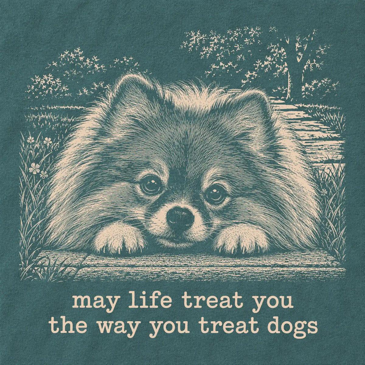 Pomeranian Karma Comfort Colors sweatshirt in Blue Spruce — Design Detail