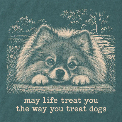 Pomeranian Karma Comfort Colors sweatshirt in Blue Spruce — Design Detail