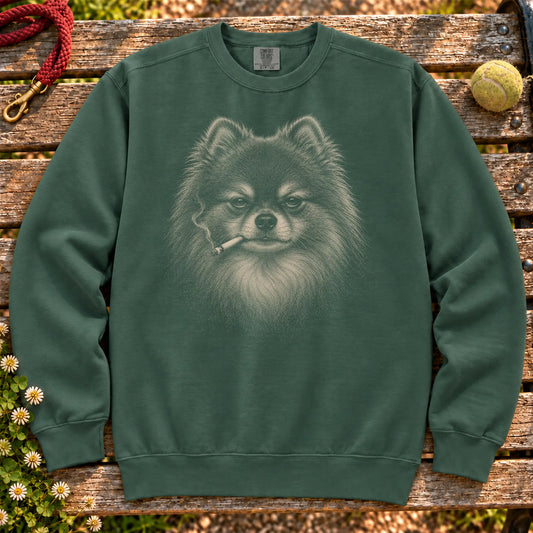 Pomeranian smoking design on a Blue Spruce sweatshirt