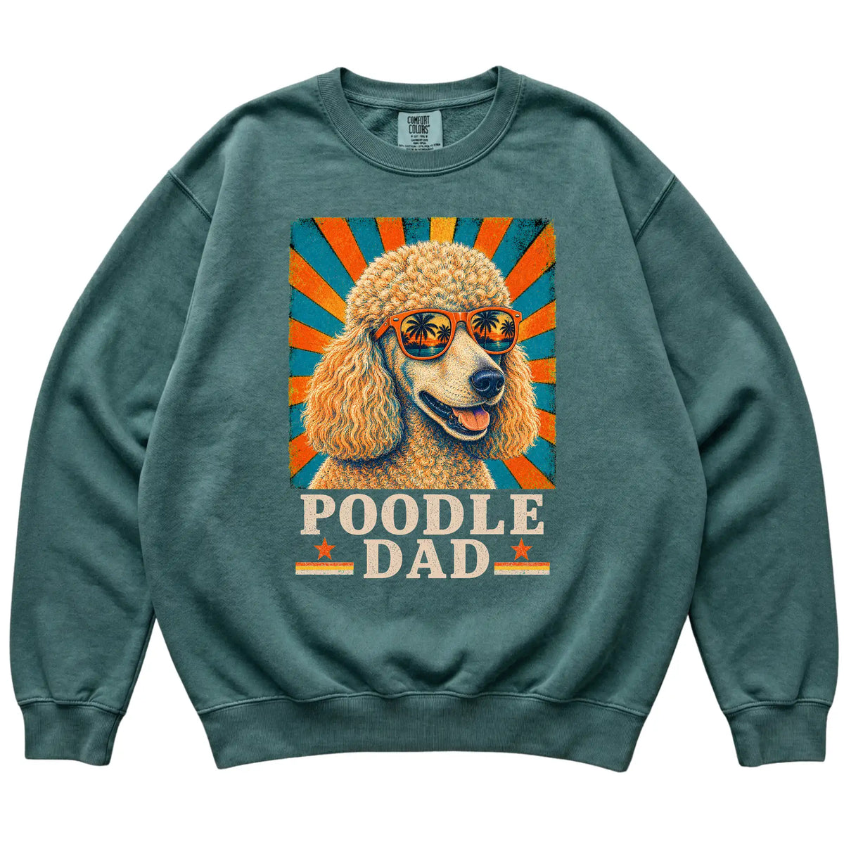Retro Poodle Dad design on a Blue Spruce Comfort Colors sweatshirt