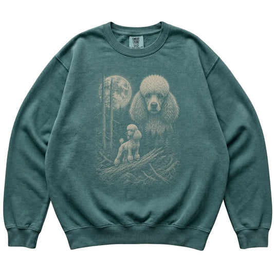 Blue Spruce Poodle Moonlit Forest Comfort Colors sweatshirt, flat view