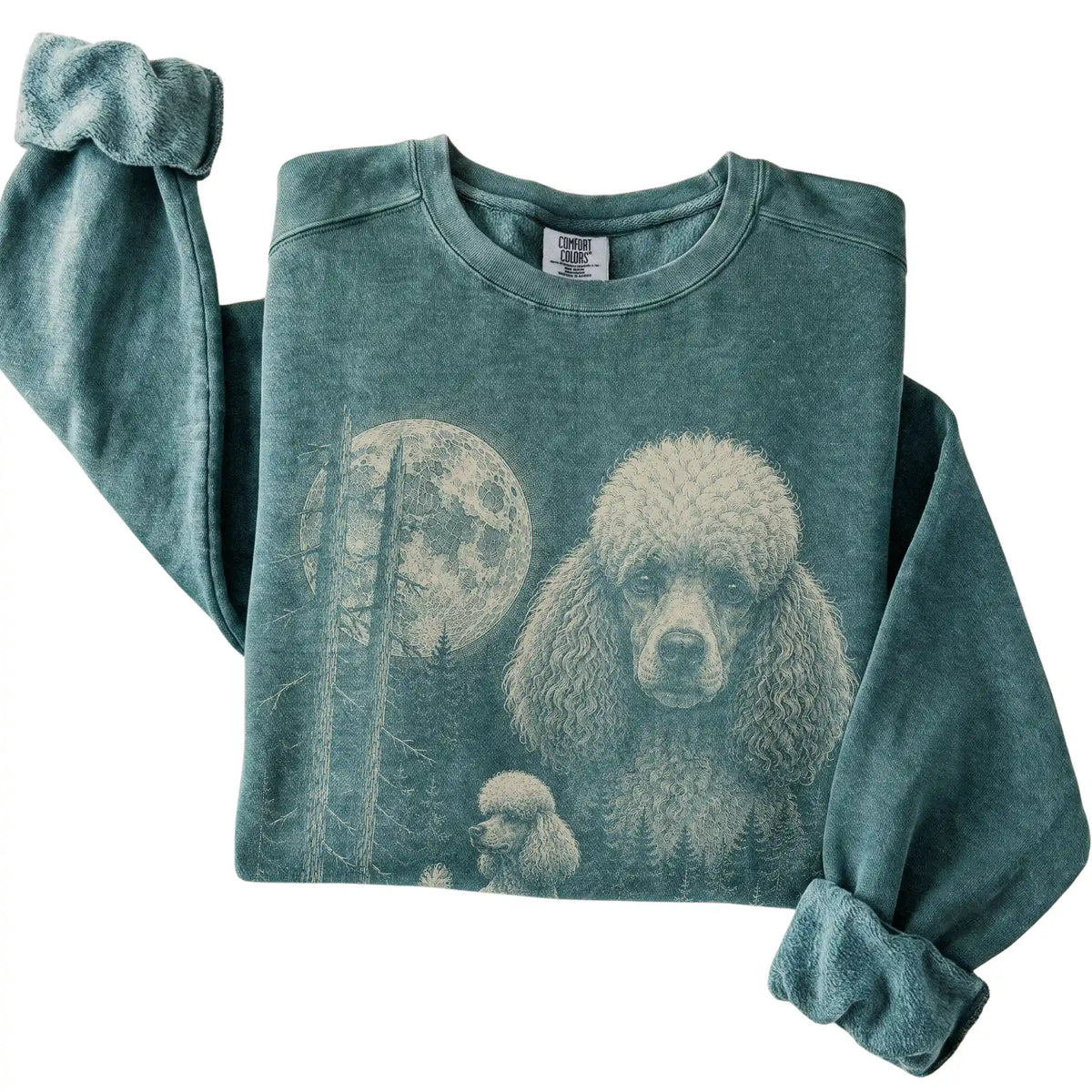 Blue Spruce Poodle Moonlit Forest Comfort Colors sweatshirt, folded view