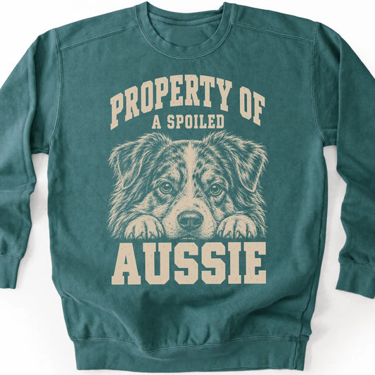 Blue Spruce Australian Shepherd sweatshirt with a dog portrait and “Property of a Spoiled” lettering.