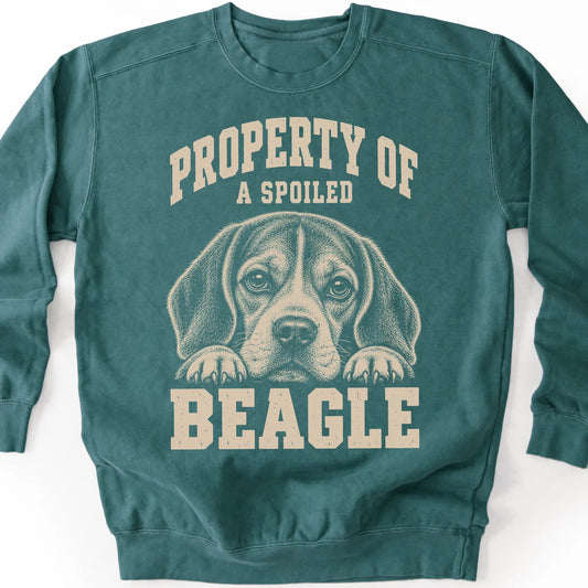 Blue Spruce Beagle sweatshirt with a dog portrait and “Property of a Spoiled” lettering.