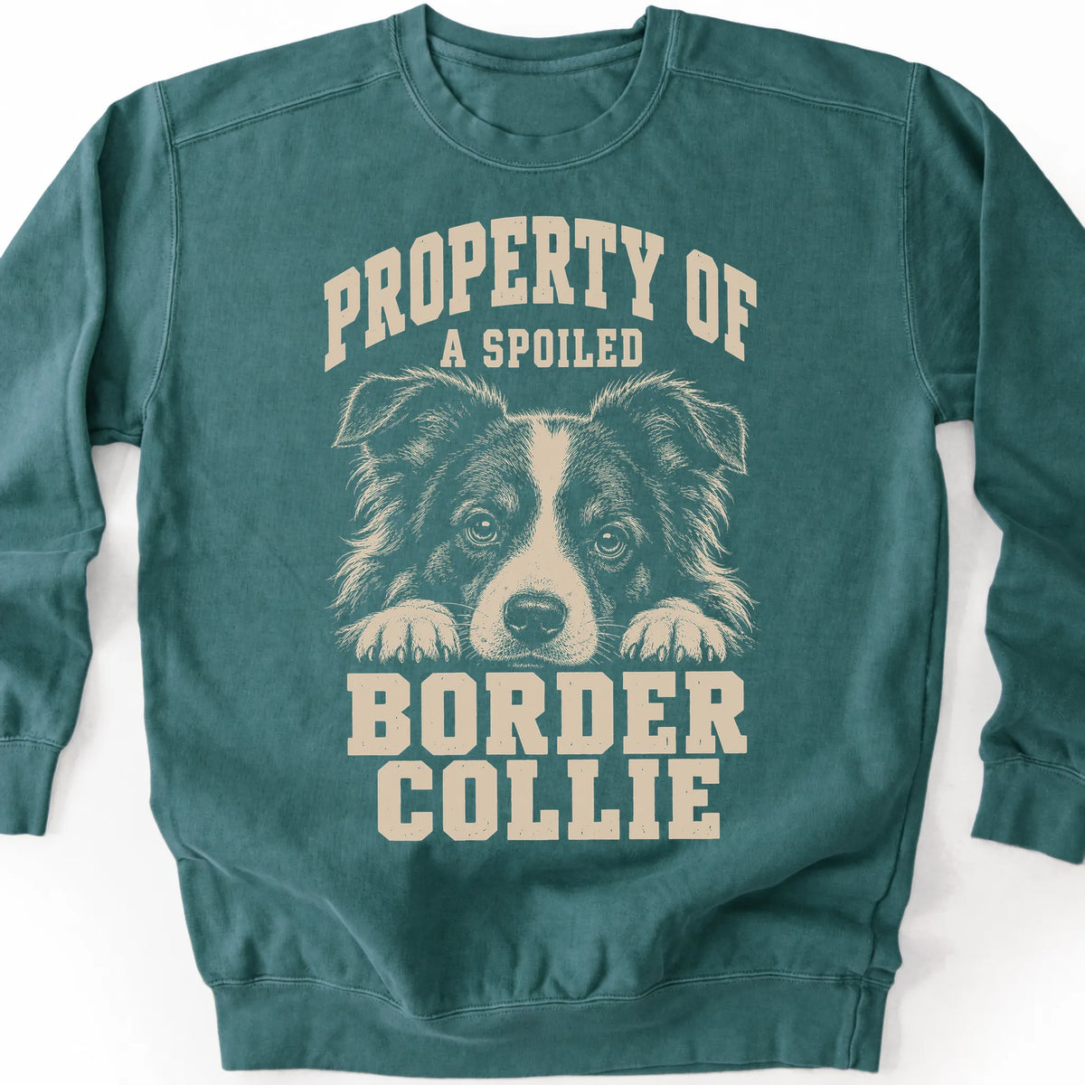 Blue Spruce Border Collie sweatshirt with a dog portrait and “Property of a Spoiled” lettering.
