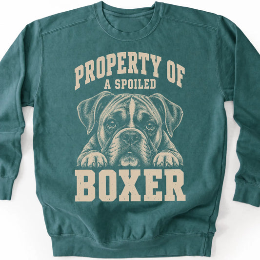 Blue Spruce Boxer sweatshirt with a dog portrait and “Property of a Spoiled” lettering.
