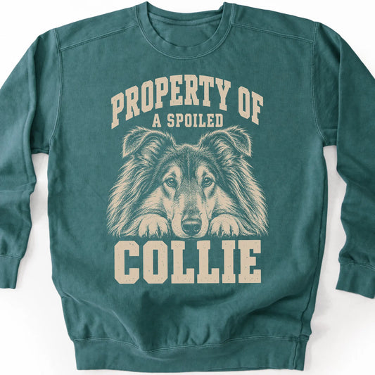 Blue Spruce Collie sweatshirt with a dog portrait and “Property of a Spoiled” lettering.
