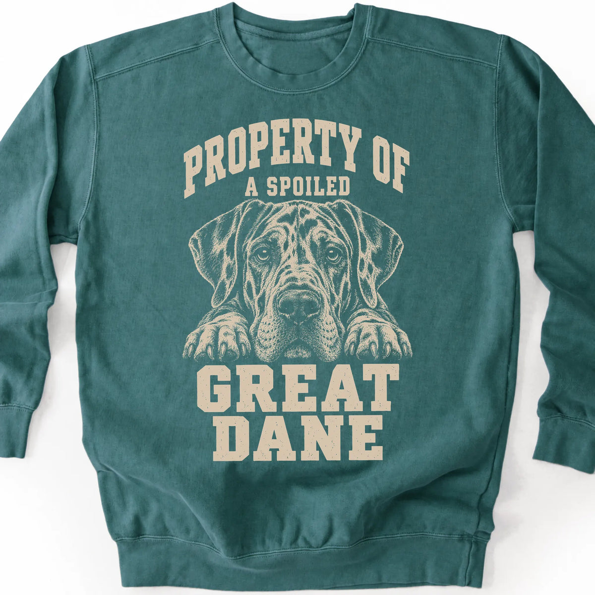 Blue Spruce Great Dane sweatshirt with a dog portrait and “Property of a Spoiled” lettering.