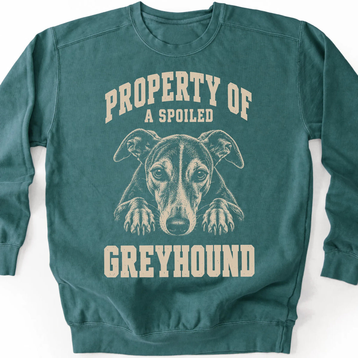 Blue Spruce Greyhound sweatshirt with a dog portrait and “Property of a Spoiled” lettering.