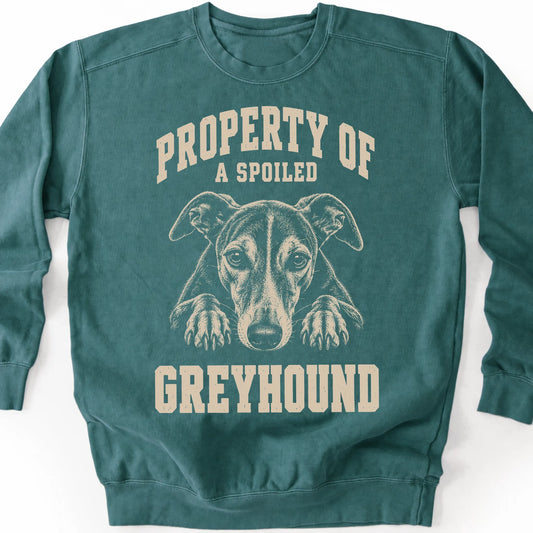 Blue Spruce Greyhound sweatshirt with a dog portrait and “Property of a Spoiled” lettering.