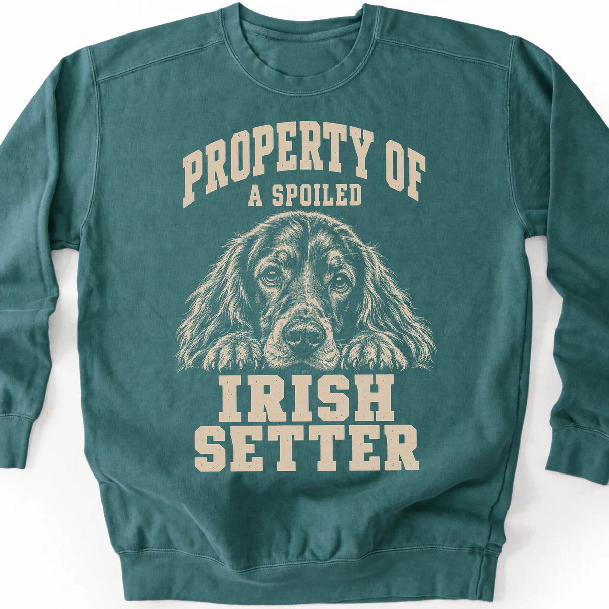 Blue Spruce Irish Setter sweatshirt with a dog portrait and “Property of a Spoiled” lettering.