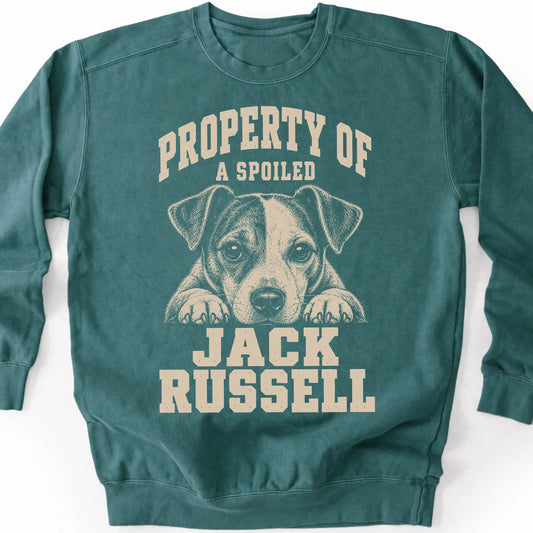 Blue Spruce Jack Russell sweatshirt with a dog portrait and “Property of a Spoiled” lettering.