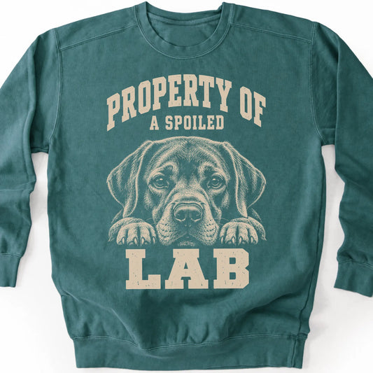 Blue Spruce Labrador Retriever sweatshirt with a dog portrait and “Property of a Spoiled” lettering.