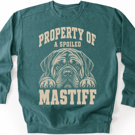 Blue Spruce Mastiff sweatshirt with a dog portrait and “Property of a Spoiled” lettering.