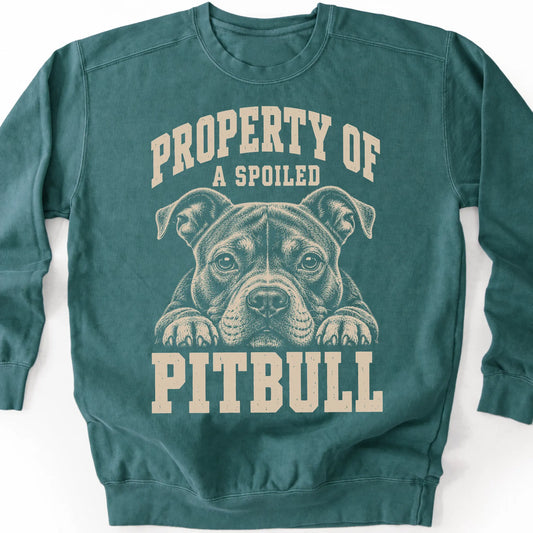 Blue Spruce Pitbull sweatshirt with a dog portrait and “Property of a Spoiled” lettering.