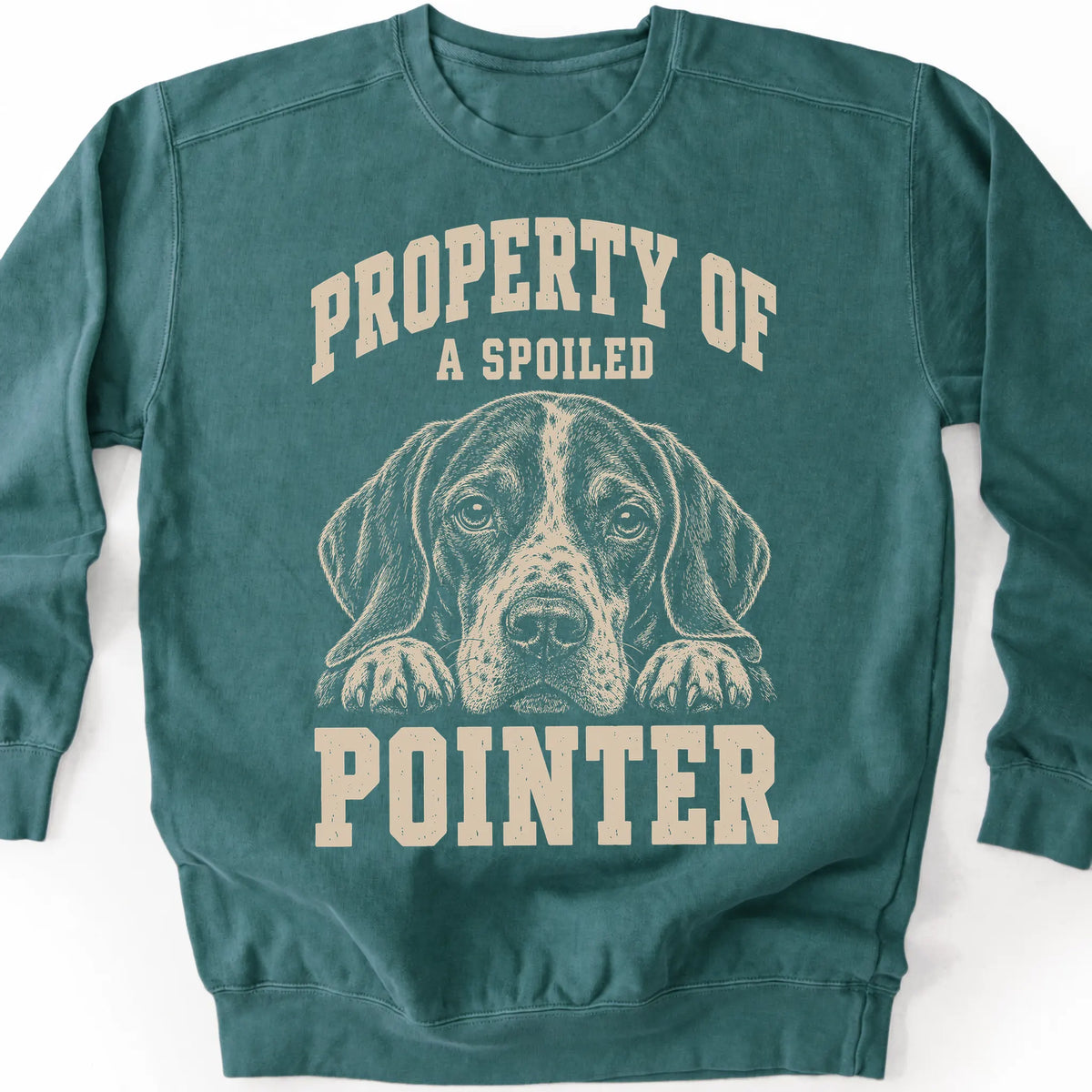 Blue Spruce Pointer sweatshirt with a dog portrait and “Property of a Spoiled” lettering.