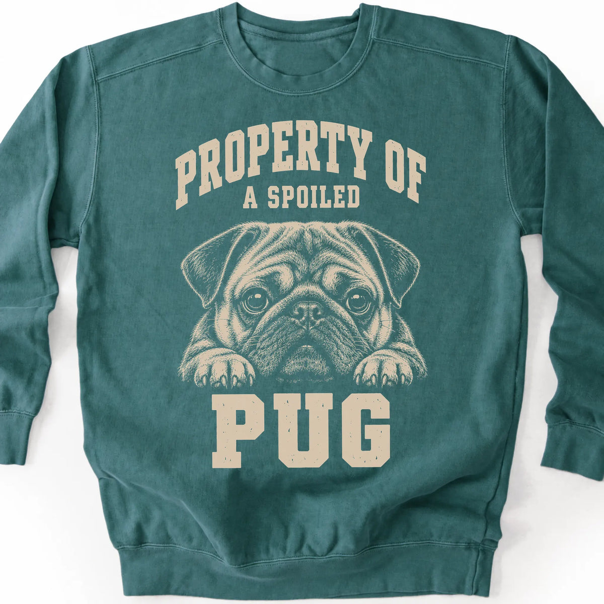Blue Spruce Pug sweatshirt with a dog portrait and “Property of a Spoiled” lettering.