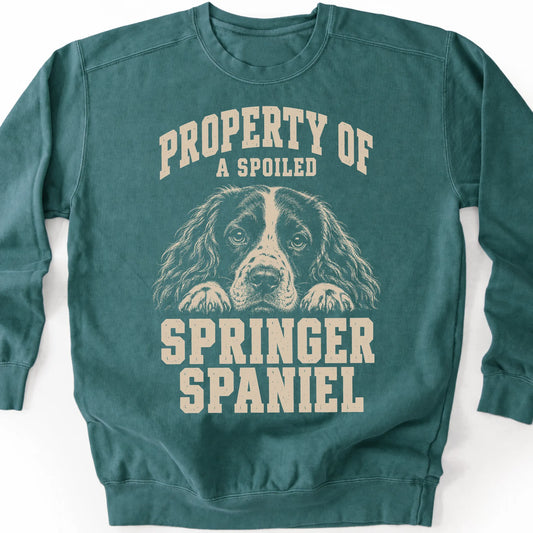 Blue Spruce Springer Spaniel sweatshirt with a dog portrait and “Property of a Spoiled” lettering.