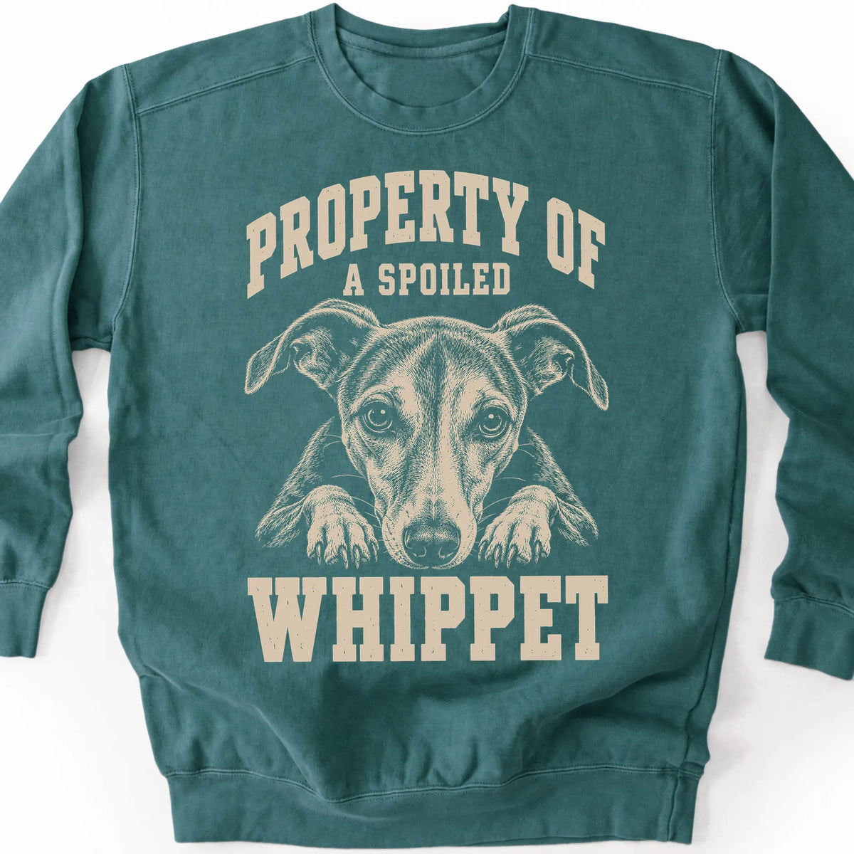 Blue Spruce Whippet sweatshirt with a dog portrait and “Property of a Spoiled” lettering.