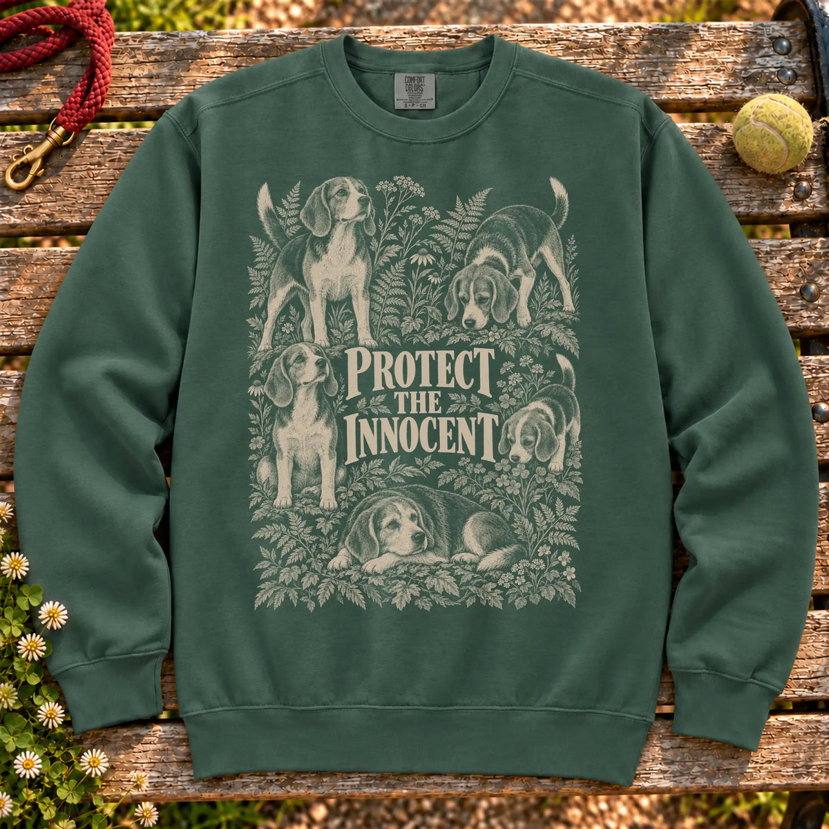 Protect the Innocent Beagle design on a Blue Spruce sweatshirt