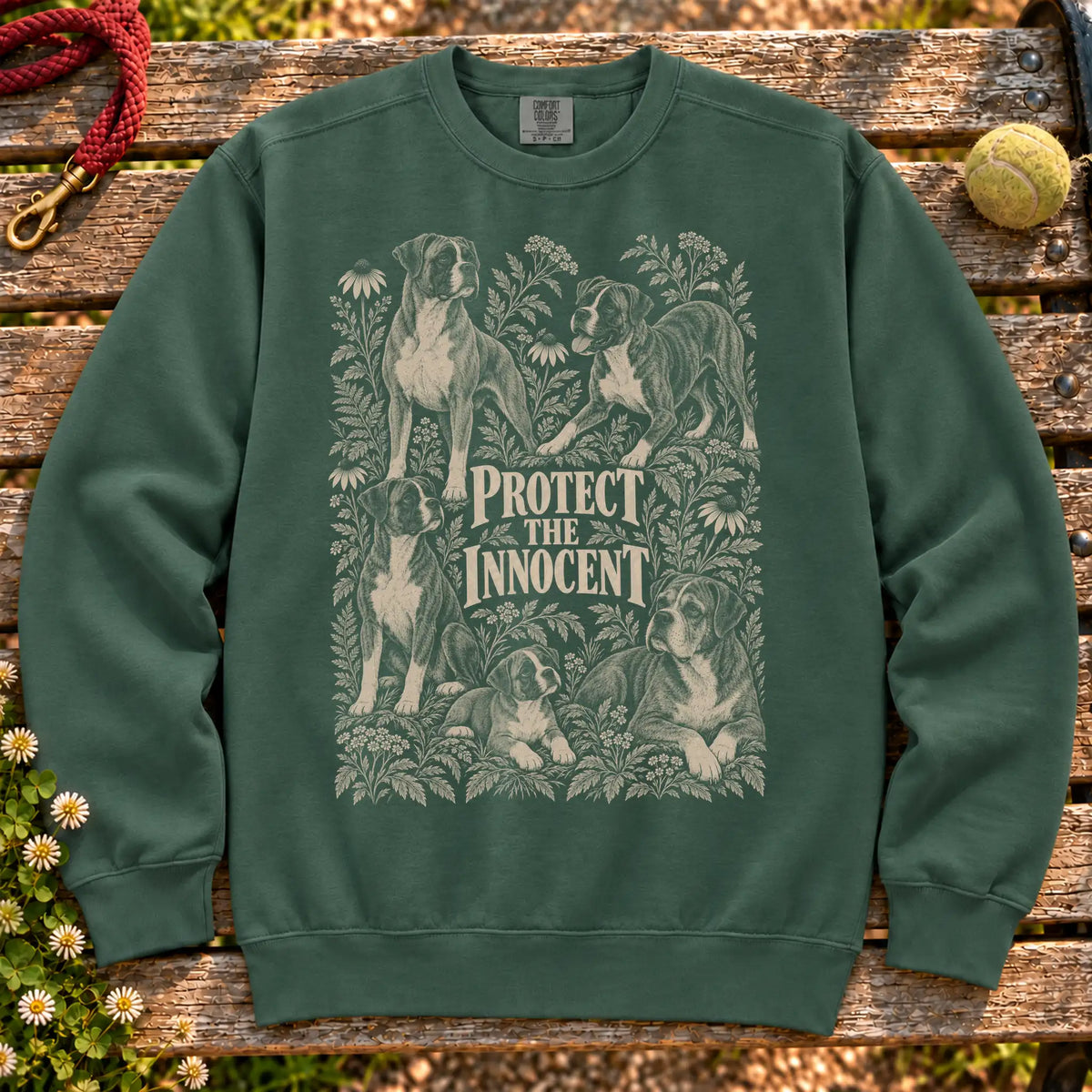 Protect the Innocent Boxer design on a Blue Spruce sweatshirt