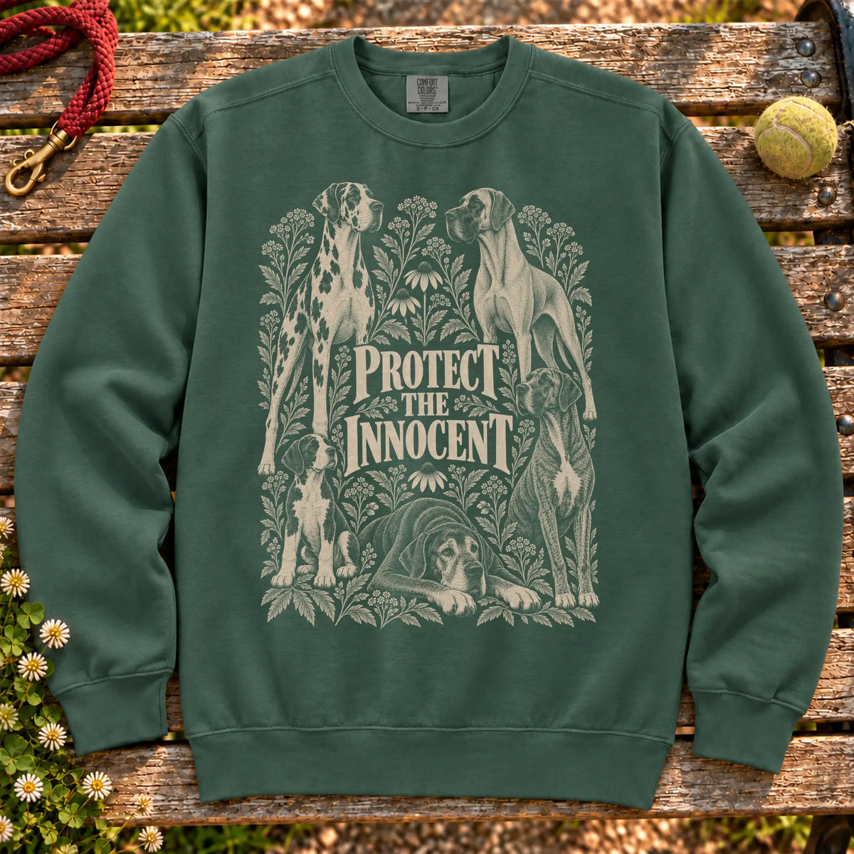 Protect the Innocent Great Dane design on a Blue Spruce sweatshirt