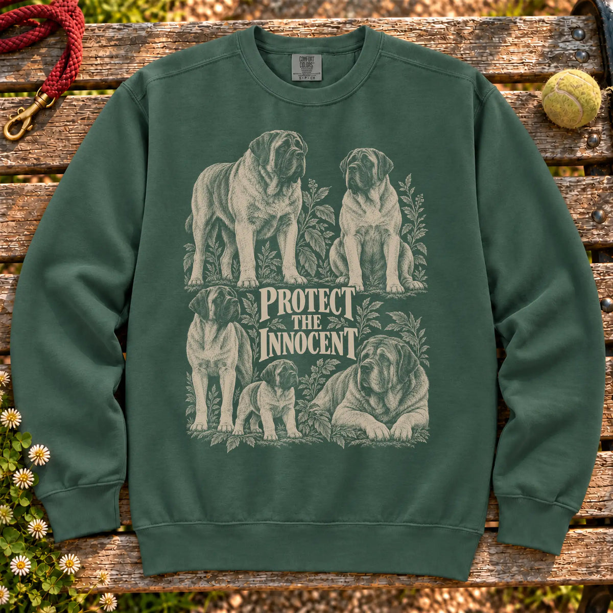 Protect the Innocent Mastiff design on a Blue Spruce sweatshirt