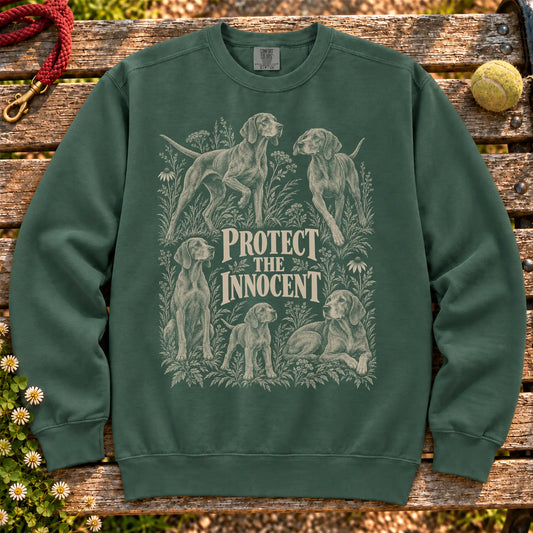 Protect the Innocent Vizsla design on a Blue Spruce sweatshirt