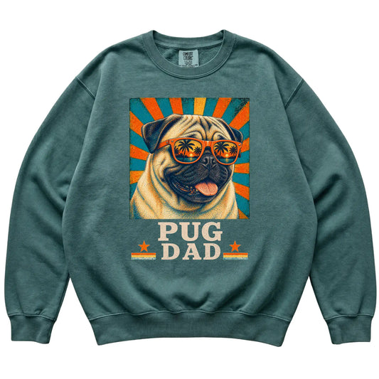 Retro Pug Dad design on a Blue Spruce Comfort Colors sweatshirt