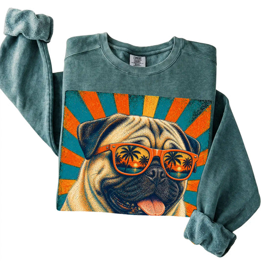 Folded Blue Spruce Comfort Colors sweatshirt with a Retro Pug Dad design